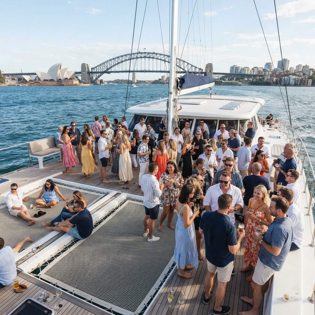 40 people socialising on the open deck of a catamaran on Sydney Harbour