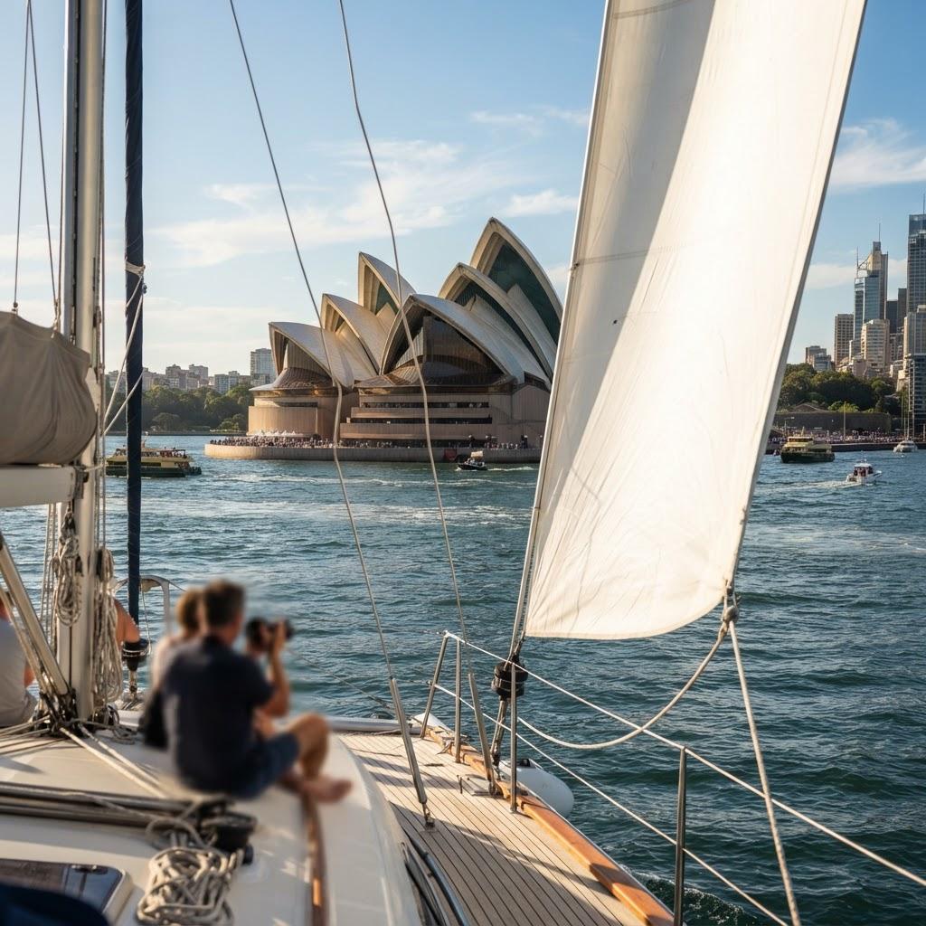 Sydney Opera House viewed from a private catamaran on the harbour