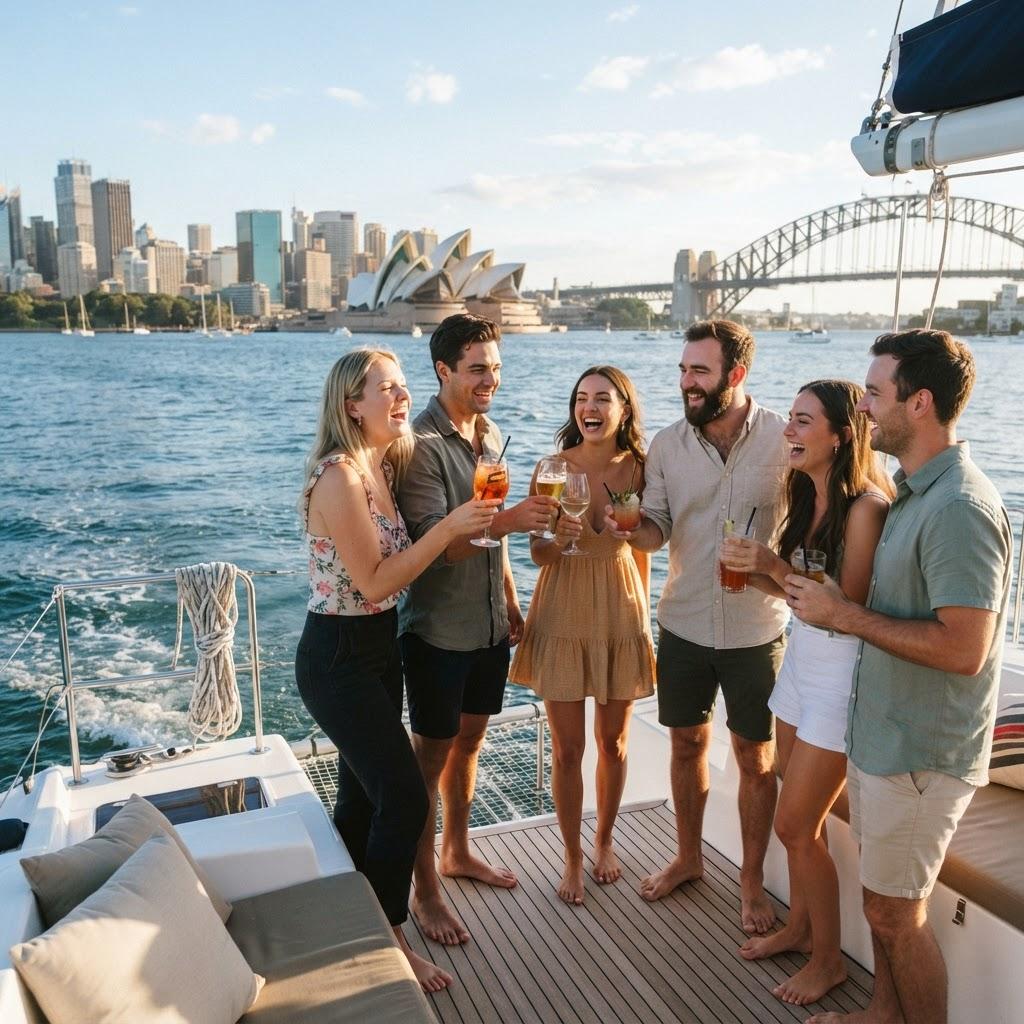 Friends celebrating onboard catamaran