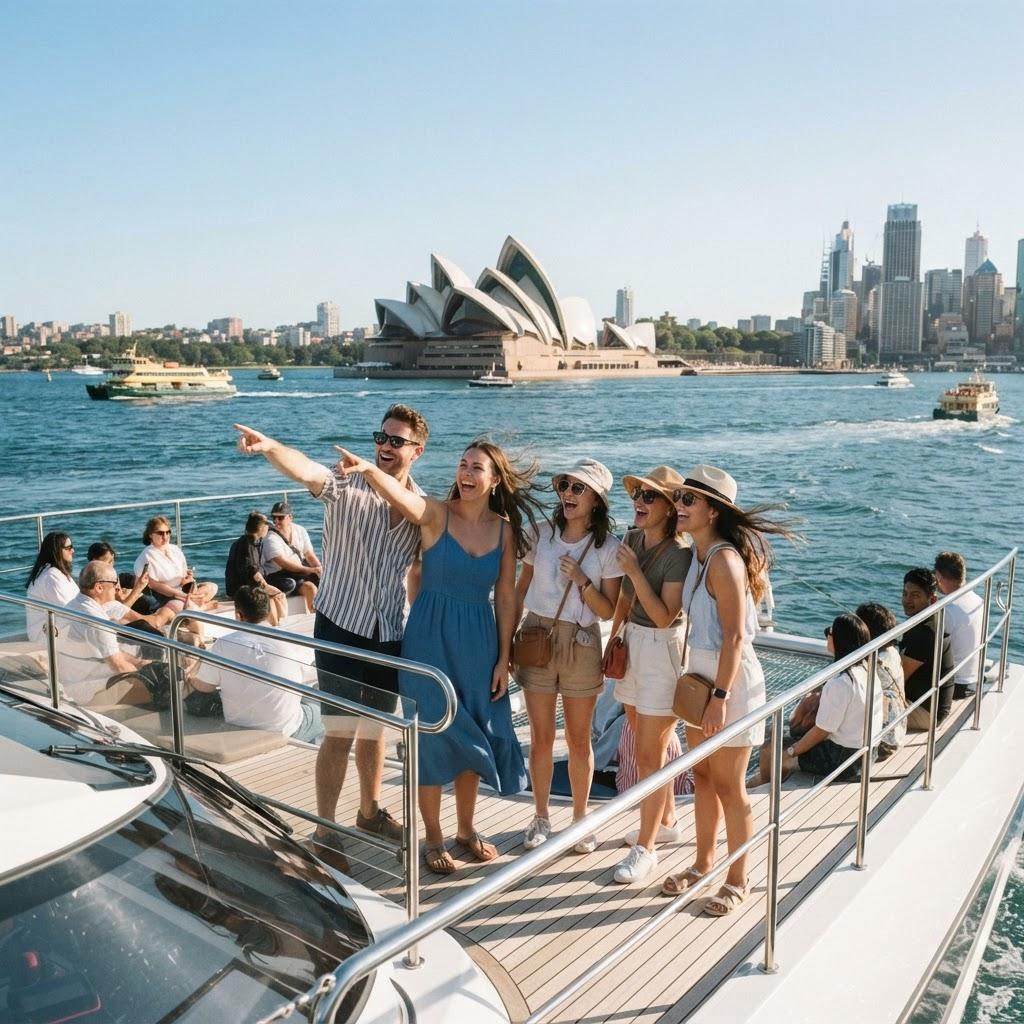Sightseeing on the open deck of a catamaran on Sydney Harbour