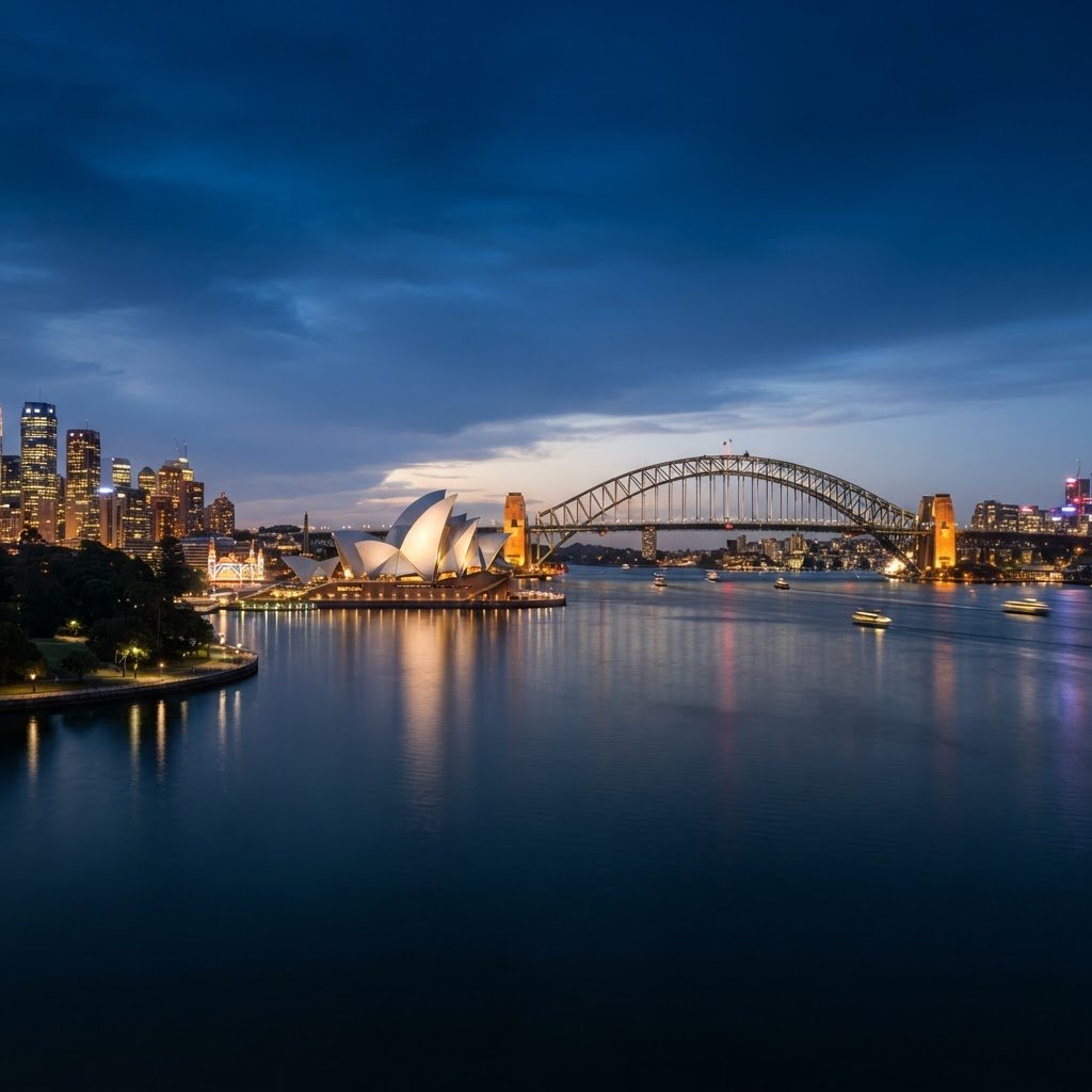 Sydney Opera House and Harbour Bridge at dusk