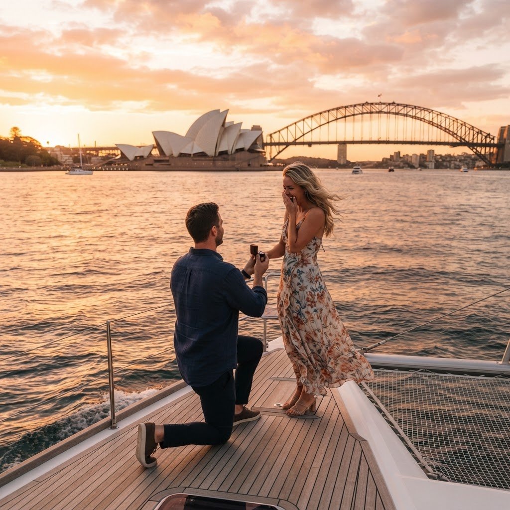 Proposal moment on Sydney Harbour catamaran