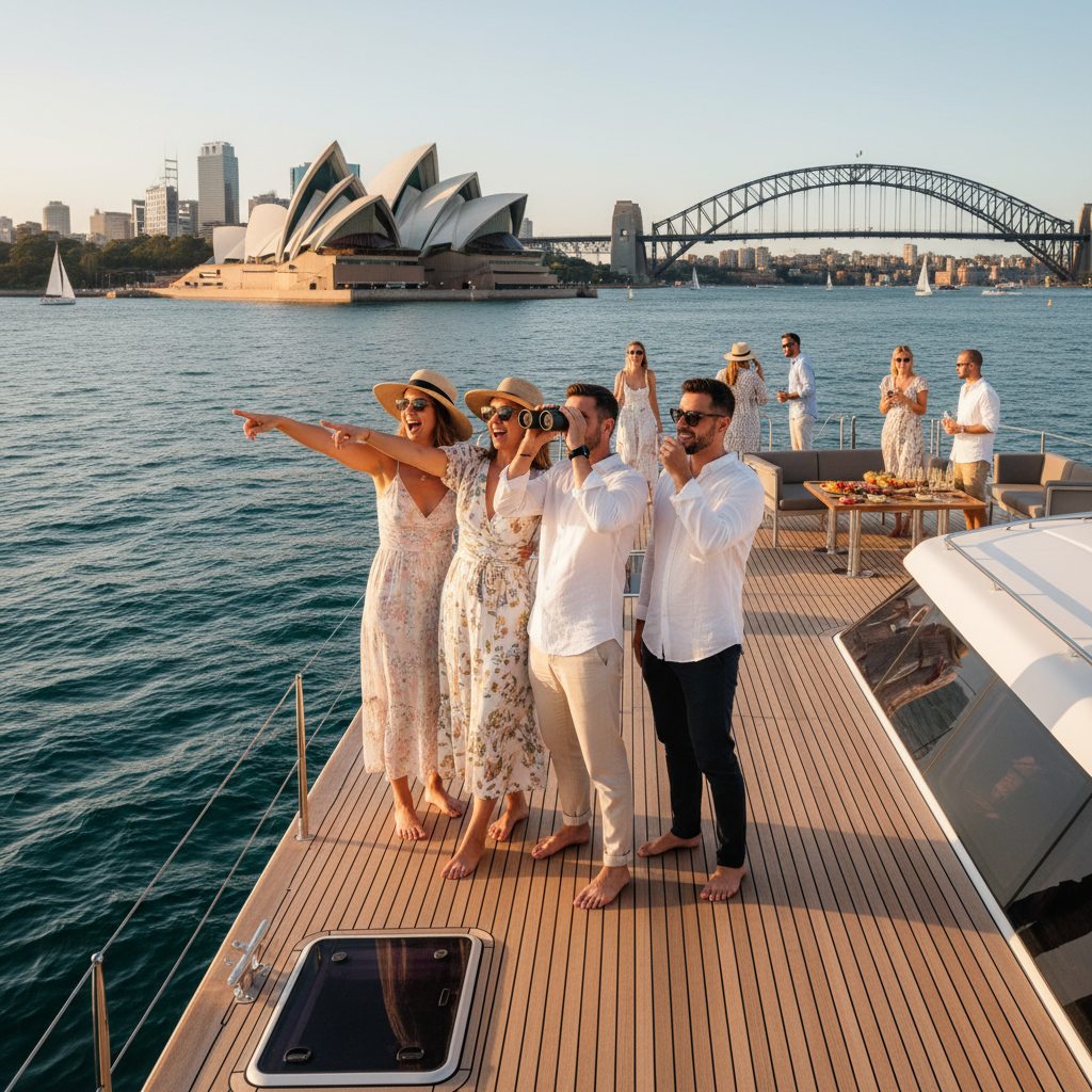 Sightseeing on Sydney Harbour from catamaran deck, Opera House views