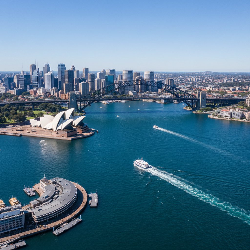 Aerial view Sydney Harbour catamaran Opera House Harbour Bridge