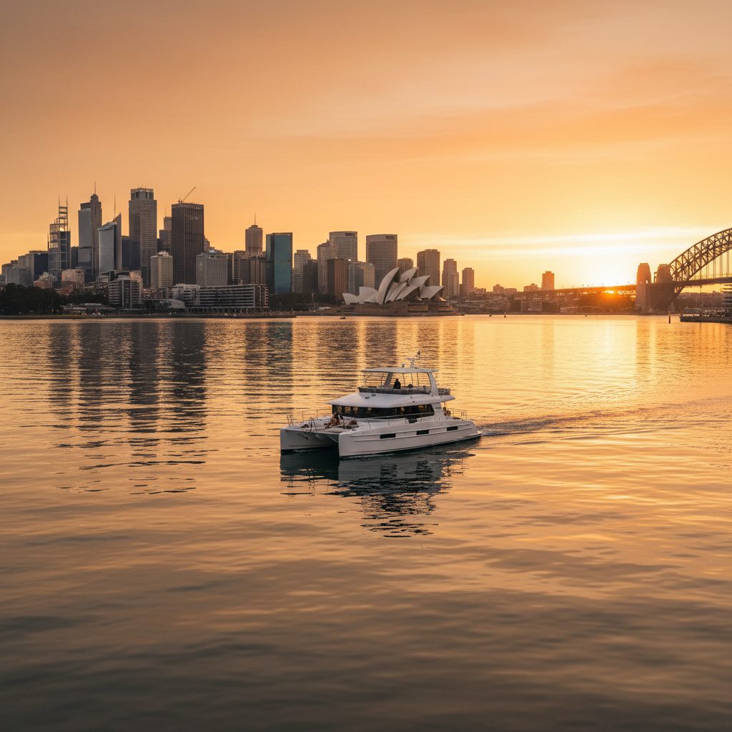 Sydney Harbour golden hour catamaran Barangaroo skyline