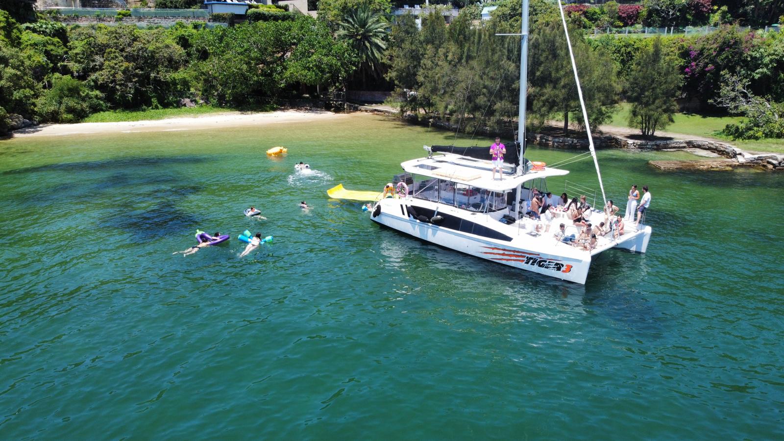 Tiger 3 catamaran on Sydney Harbour, aerial view