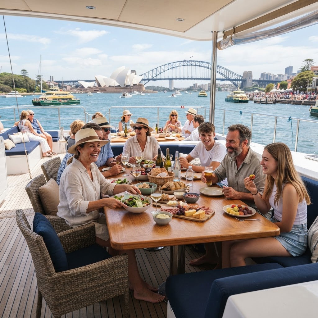 Guests enjoying a BYO picnic on a Sydney Harbour catamaran