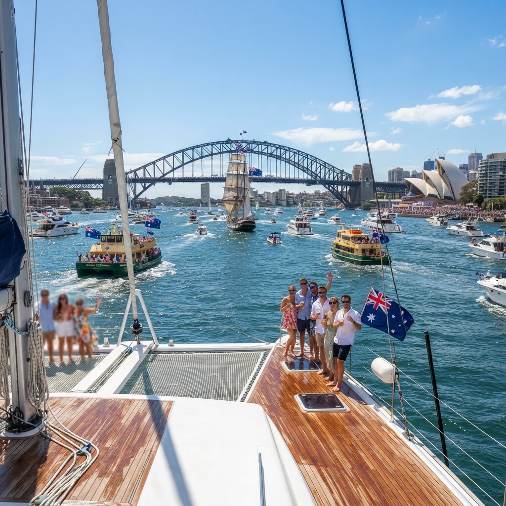 Australia Day harbour activity viewed from a private catamaran
