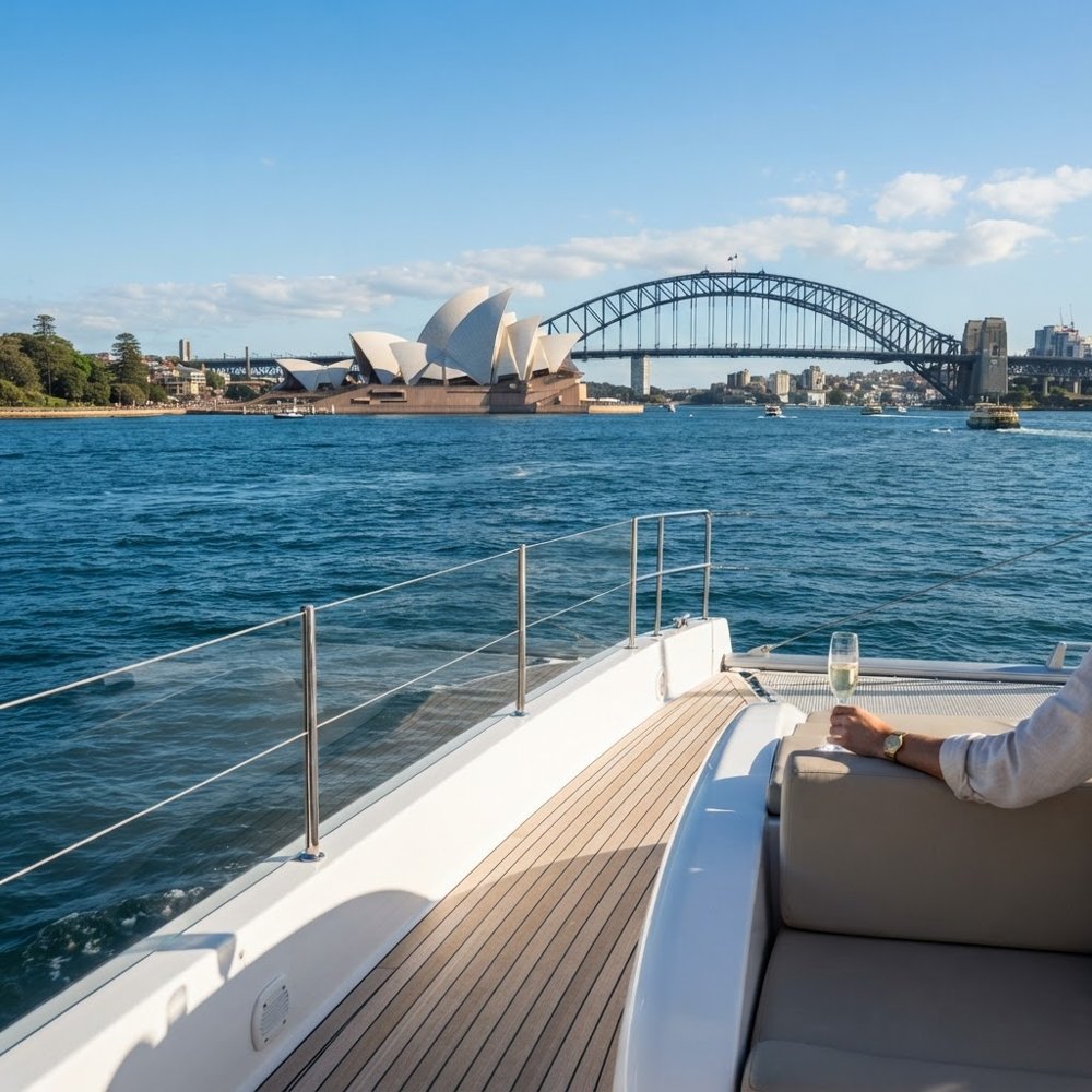 Sydney Harbour Opera House and Harbour Bridge from a catamaran