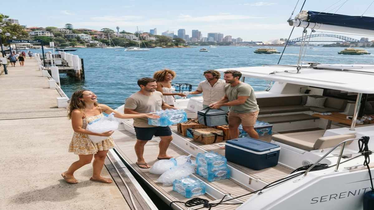 Guests loading ice and BYO supplies onto a Sydney Harbour catamaran