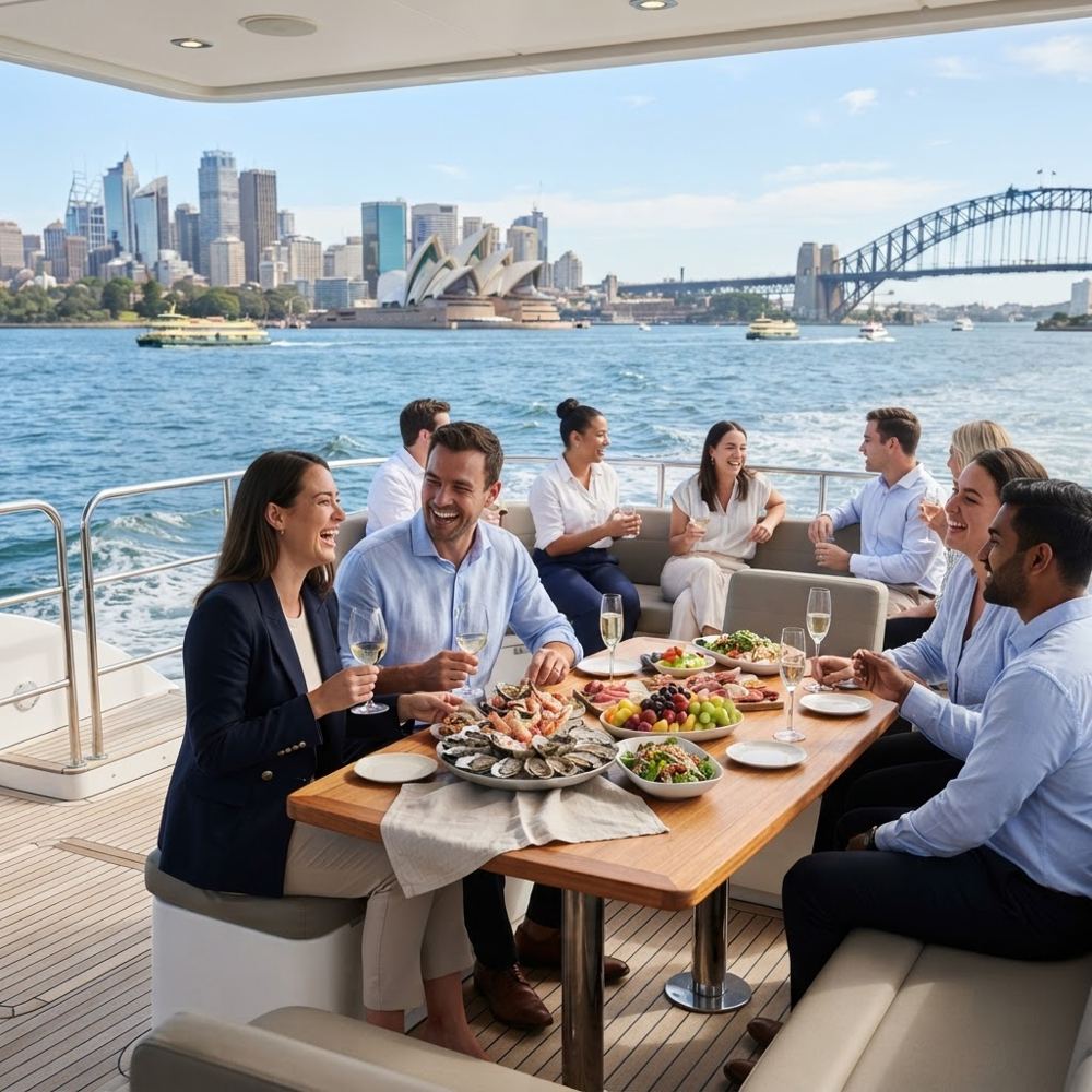 Corporate charter event on a Sydney Harbour catamaran