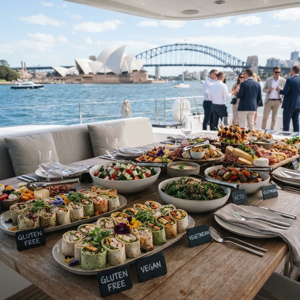 Corporate catering platters on a Sydney Harbour catamaran