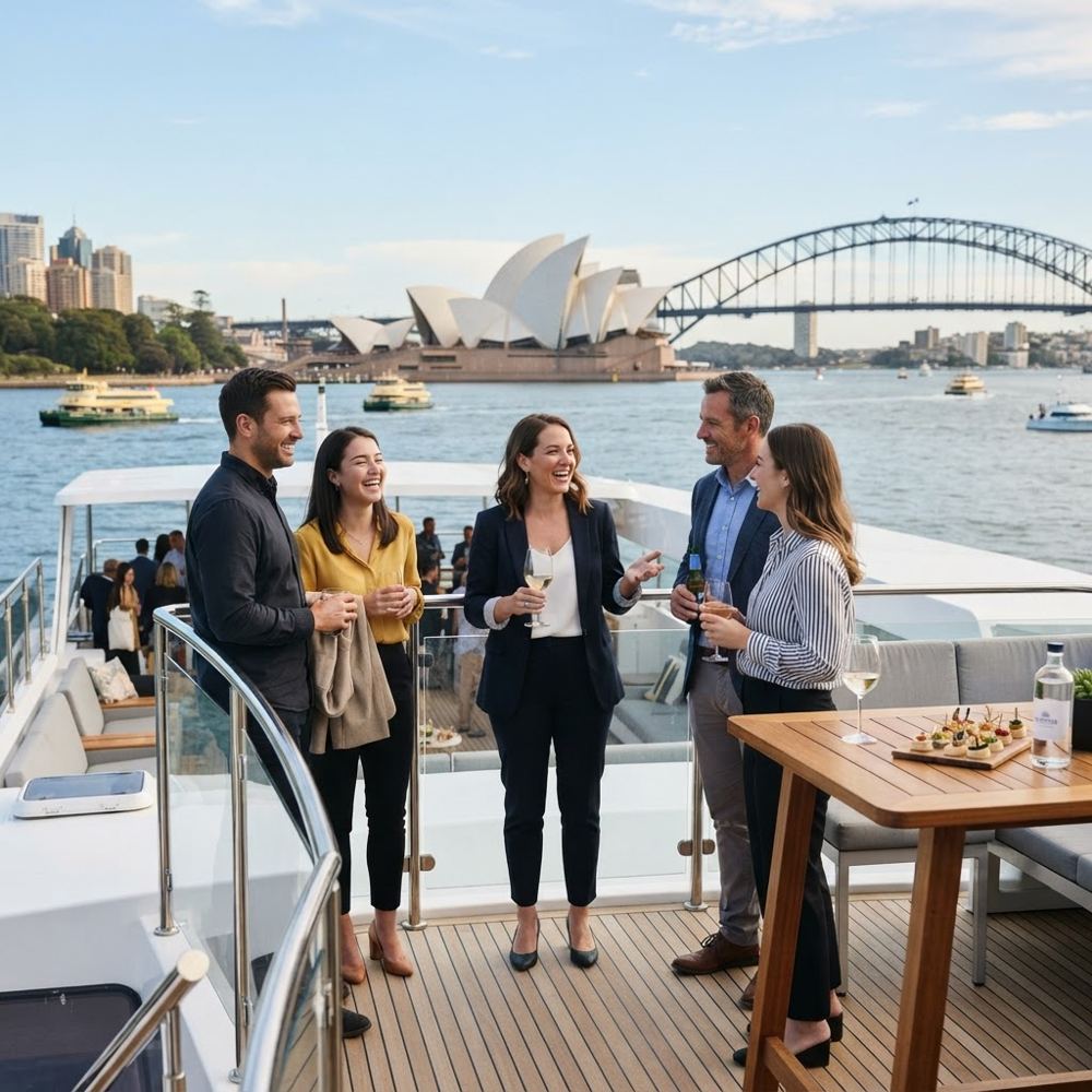Corporate team networking on a Sydney Harbour catamaran