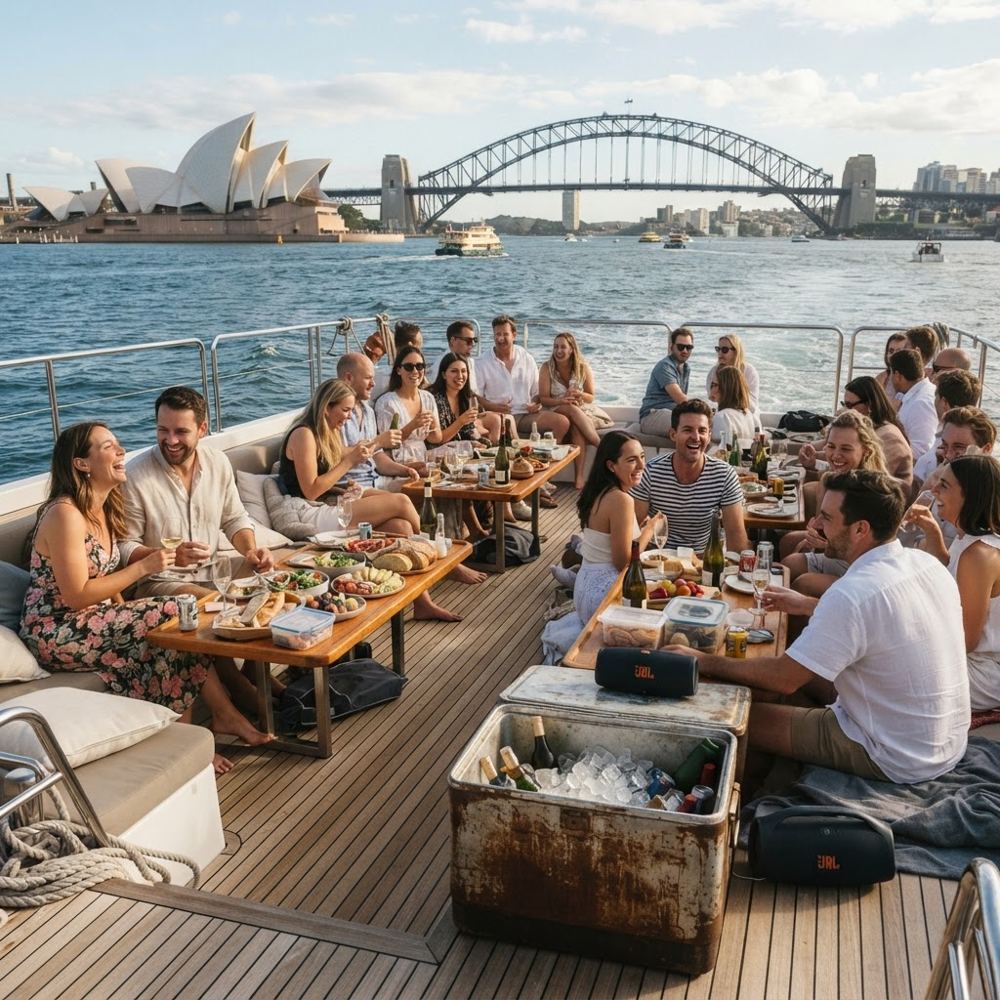 Guests enjoying a private Sydney Harbour catamaran event