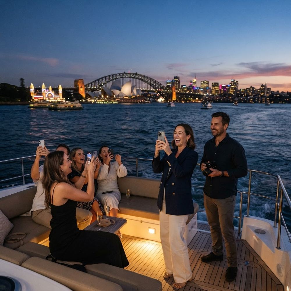Sydney Harbour event viewing from a private catamaran at dusk