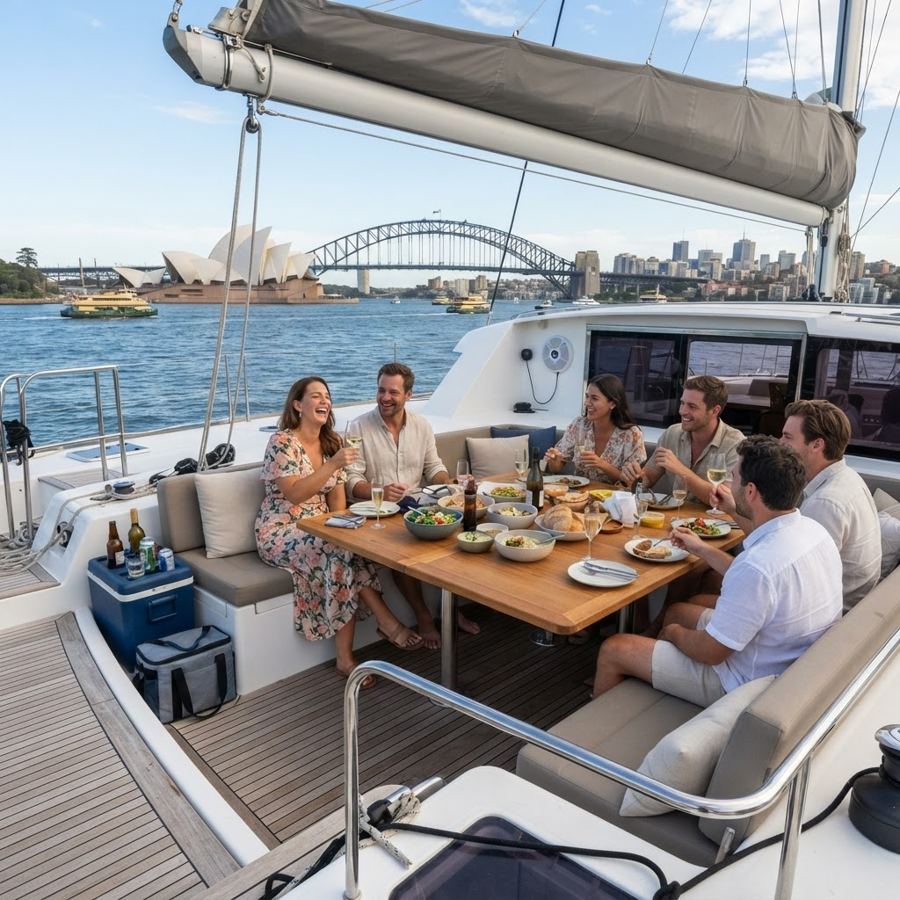 Guests enjoying a private catamaran charter on Sydney Harbour