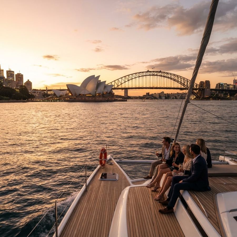 Sydney Opera House and Harbour Bridge from a boat