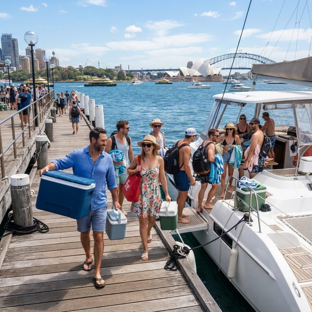 Boarding a private catamaran at a Sydney Harbour wharf