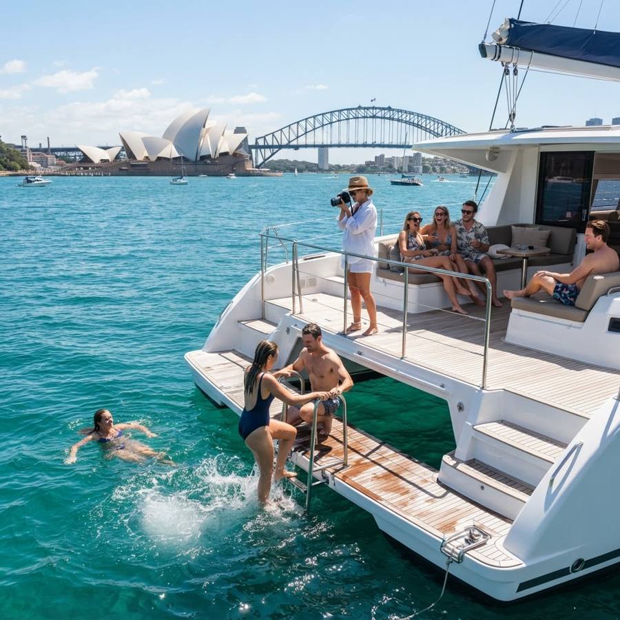 Swimming and activities during a Sydney Harbour catamaran charter