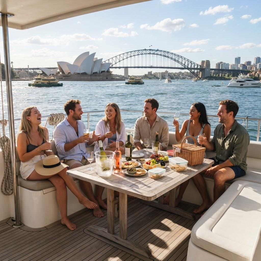 Friends relaxing on a private catamaran deck on Sydney Harbour