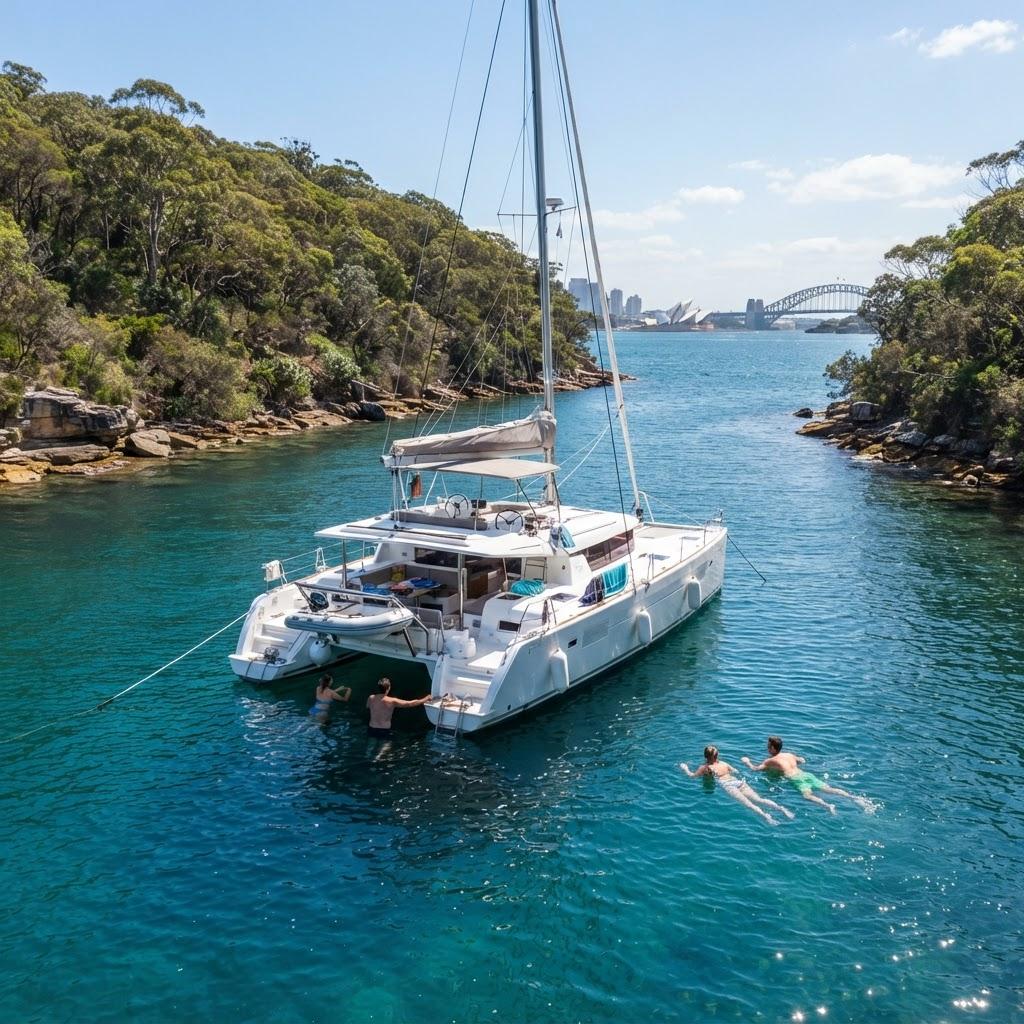 Catamaran anchored at a secluded swimming bay on Sydney Harbour