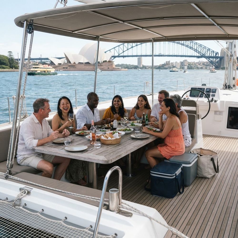 Guests enjoying a Sydney Harbour catamaran charter onboard