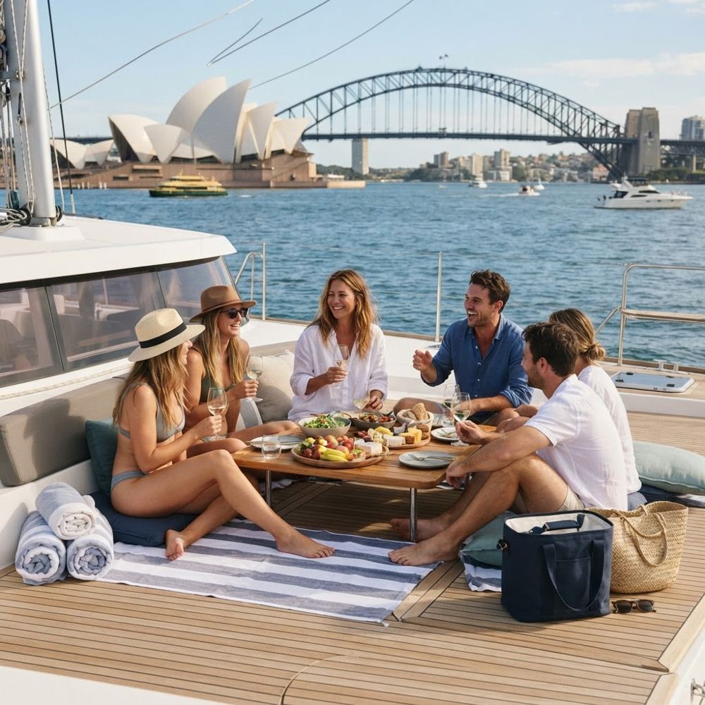 Guests enjoying a picnic on a Sydney Harbour catamaran