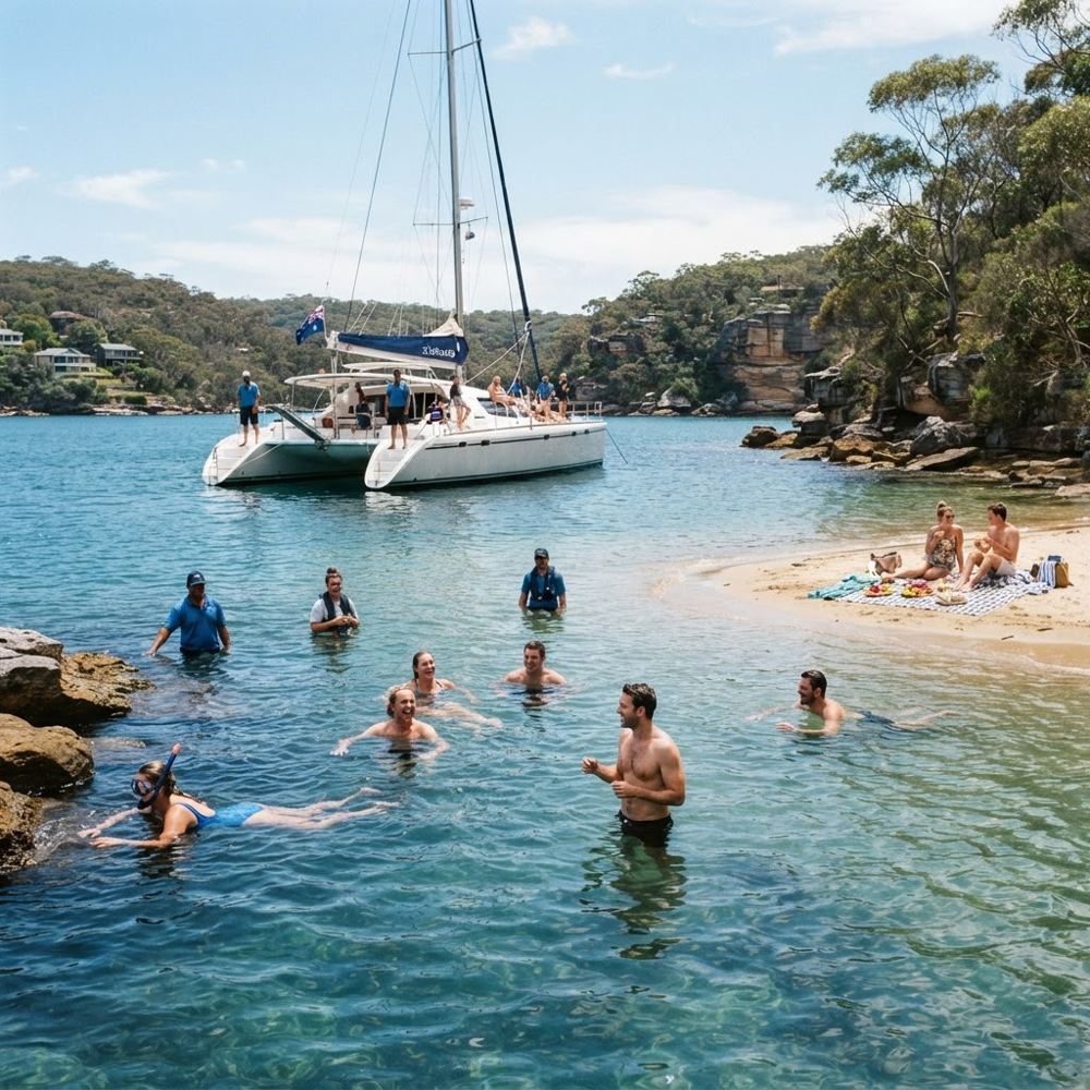 Swimming and picnic charter scene on Sydney Harbour