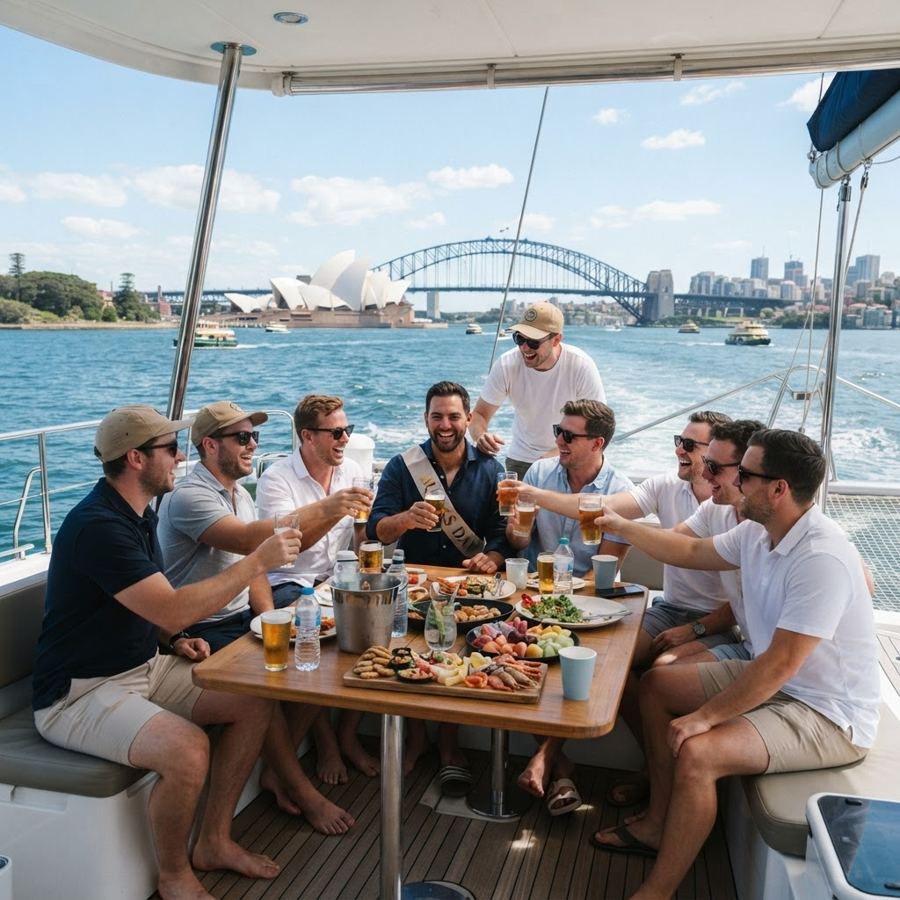 Friends enjoying a daytime bucks party on a Sydney Harbour catamaran