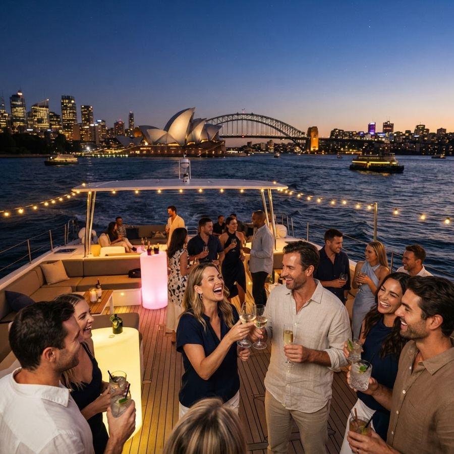 Night bucks cruise on Sydney Harbour at sunset